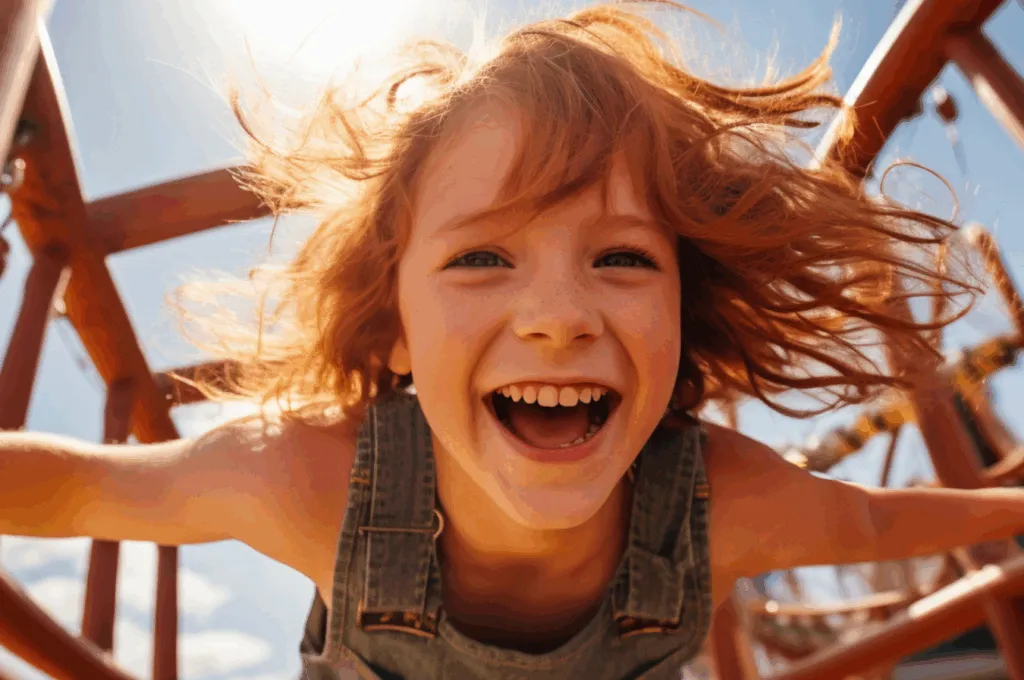 Smiling child playing on a playground, representing joy and childhood, relevant to Invisalign for kids.